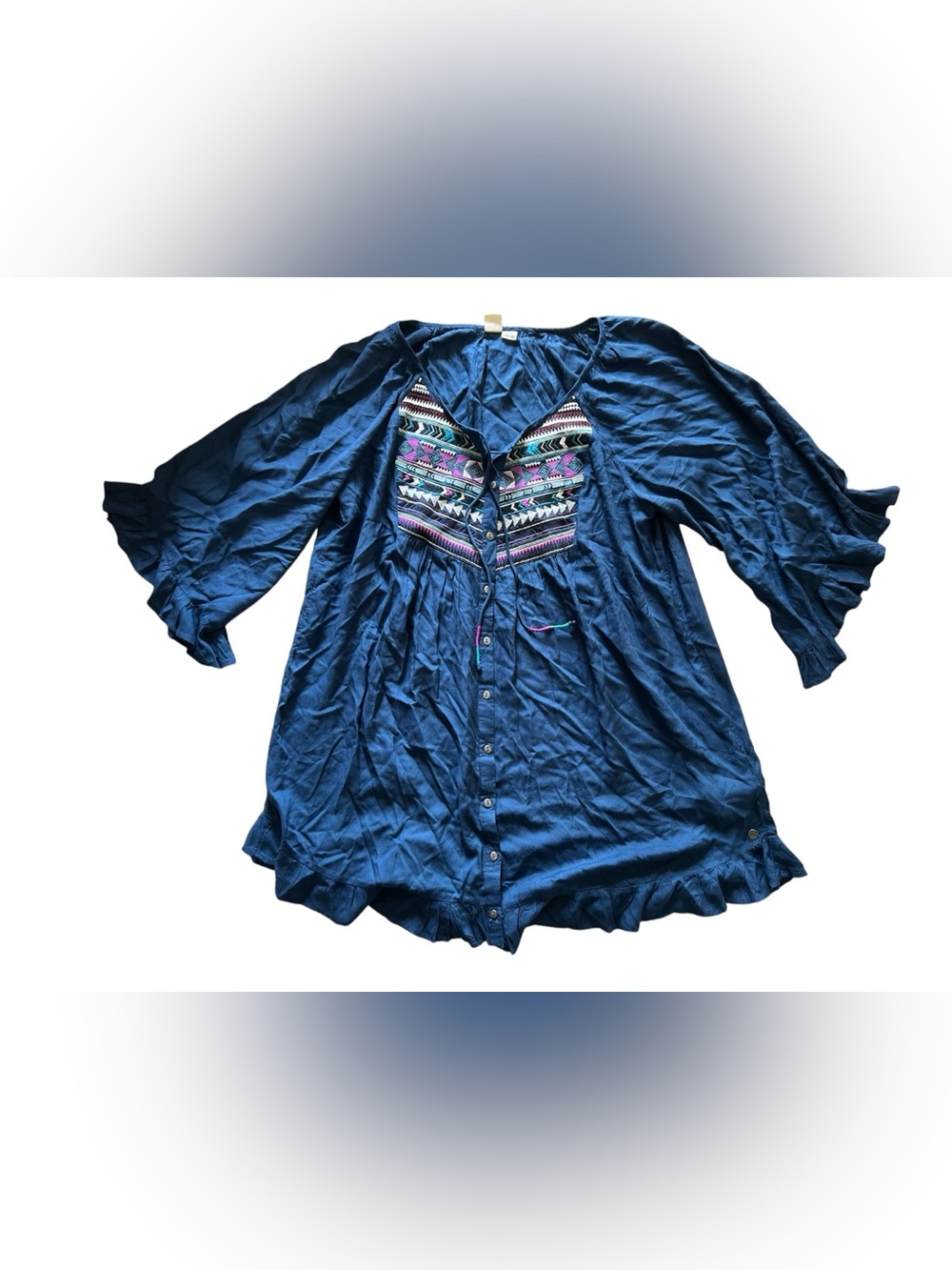 Roxy Boho Blue Multicolor Button Down Peasant Tunic | Large